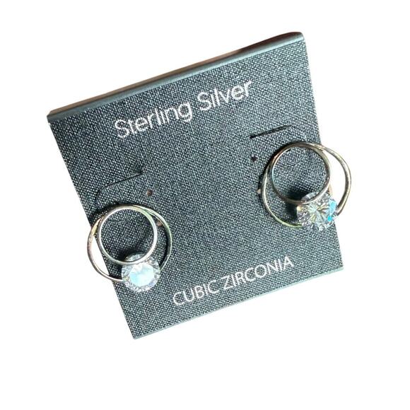 Sterling Silver Round Earrings Cubic Zirconia Low Profile Small New - Picture 2 of 3